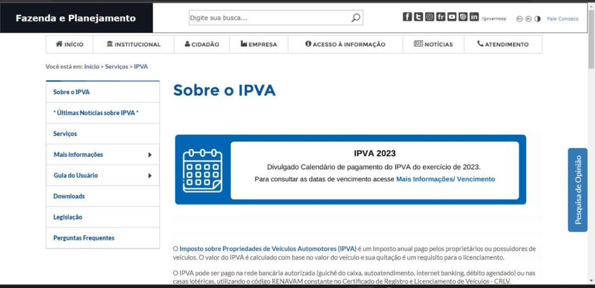 TEla de consulta do IPVA SP 2024 no portal Sefaz