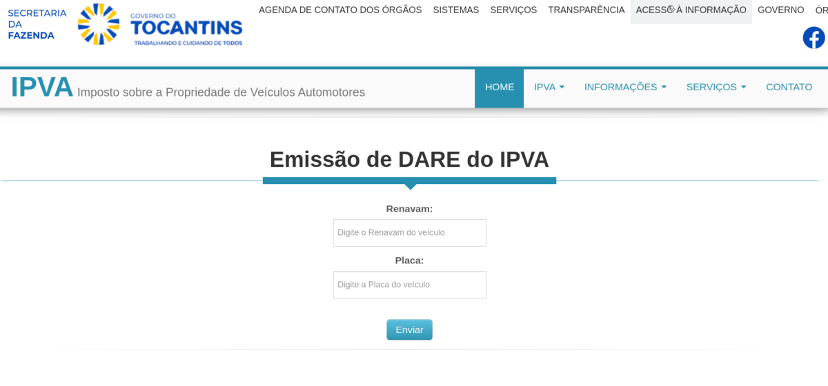 Página de consulta do IPVA de Tocantins