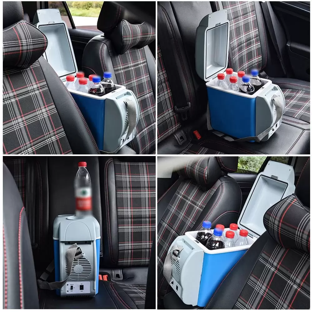 Montagem de 4 fotos com uma geladeira portátil para carro na cor azul