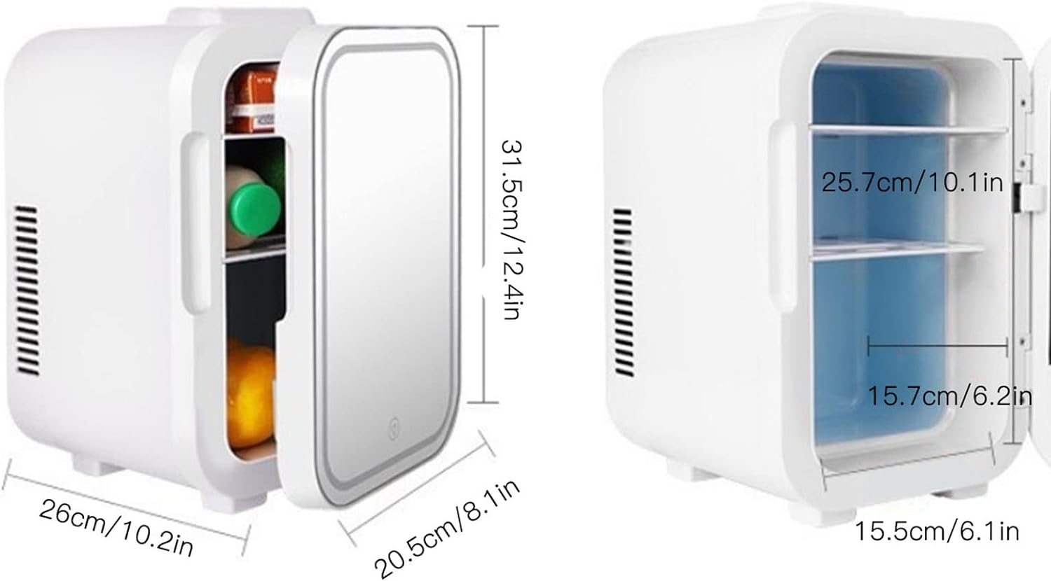 Da esquerda para direita: geladeira para carro branca, com alimentos e bebidas dentro. Geladeira para carro branca vazia