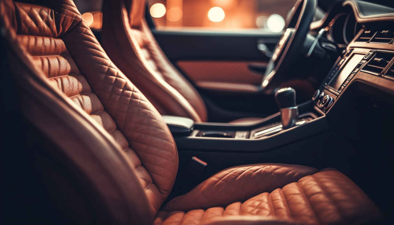 Imagem do interior de um carro de luxo mostrando bancos de couro