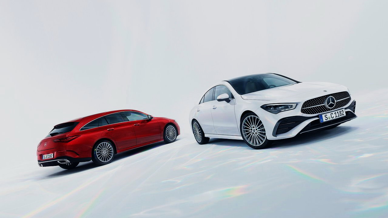 Visual externo das duas versões do novo Mercedes-Benz CLA 2024, nas cores vermelha e branca
