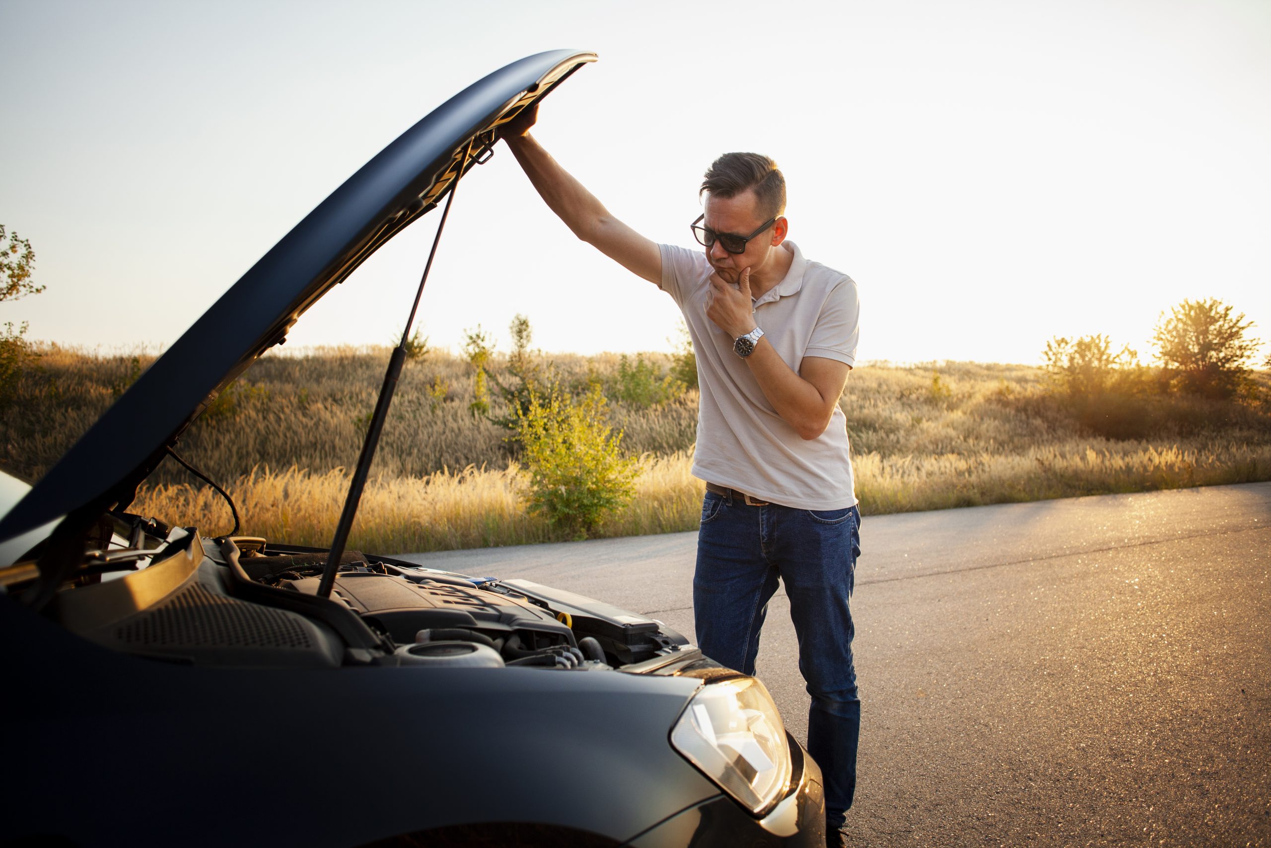 Homem olhando a parte do motor de seu carro